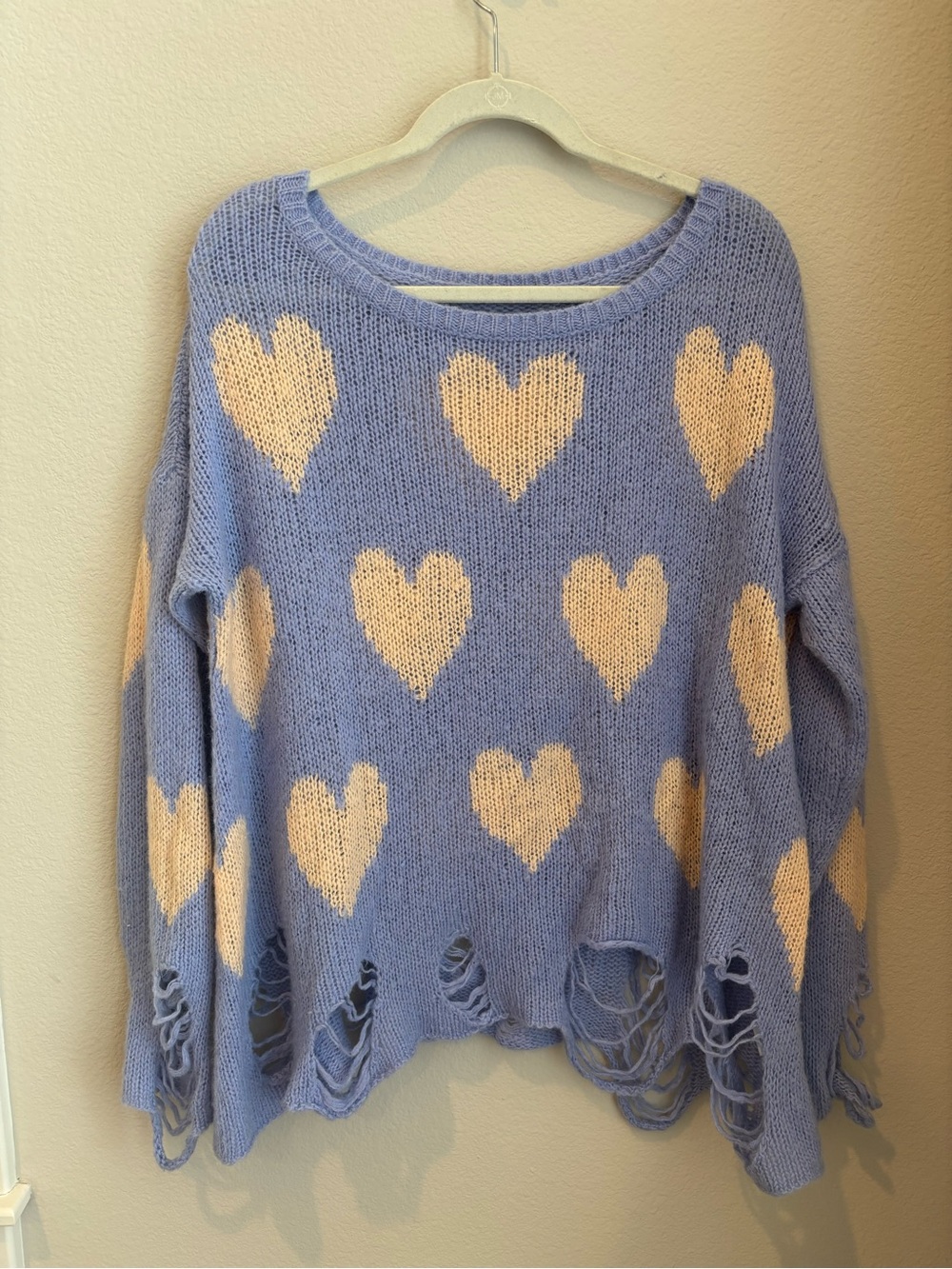 Wildfox Lavender Heart Distressed Knit Sweater - Cream Hearts